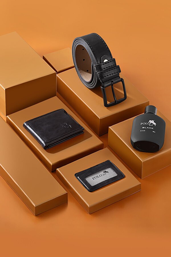 Erkek Kombin Kemer Cüzdan Kartlık Parfüm Kol Saati Hediyelik Kutusunda Siyah Set PL-0973E8