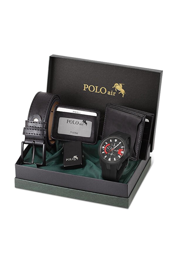 Erkek Set Kombin Kemer Cüzdan Kartlık Çakmak Kol Saati Hediyelik Kutusunda Siyah Set PL-0974E1