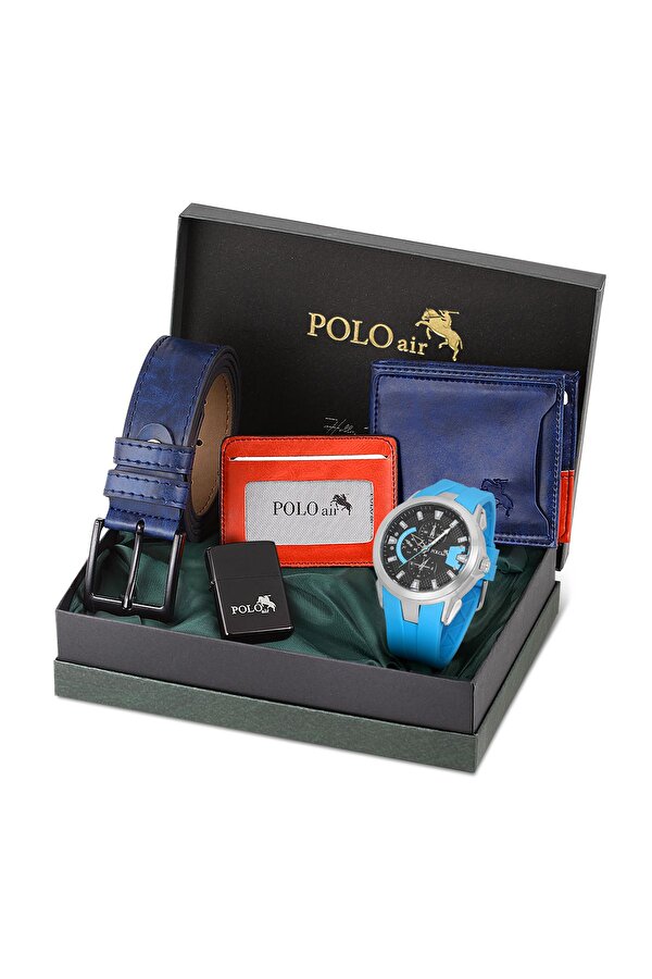 Erkek Set Kombin Kemer Cüzdan Kartlık Çakmak Kol Saati Hediyelik Kutusunda Lacivert Set PL-0974E2