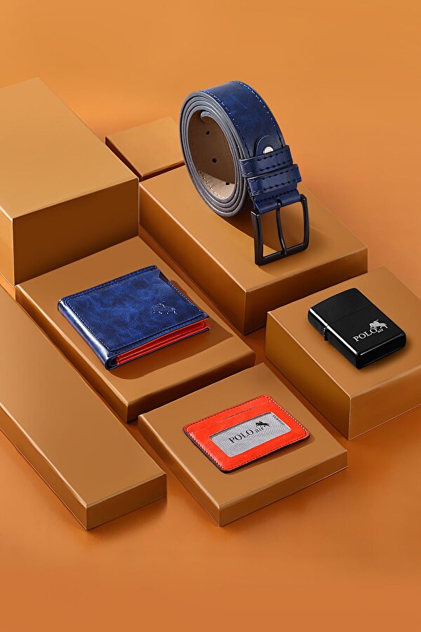 Erkek Set Kombin Kemer Cüzdan Kartlık Çakmak Kol Saati Hediyelik Kutusunda Lacivert Set PL-0974E2