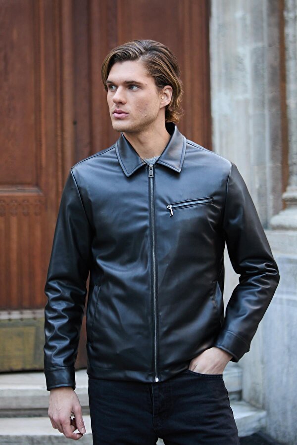 Erkek Deri Mont Siyah Ceket