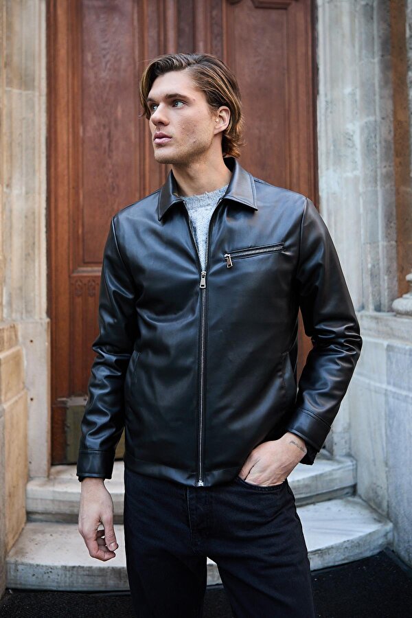 Erkek Deri Mont Siyah Ceket