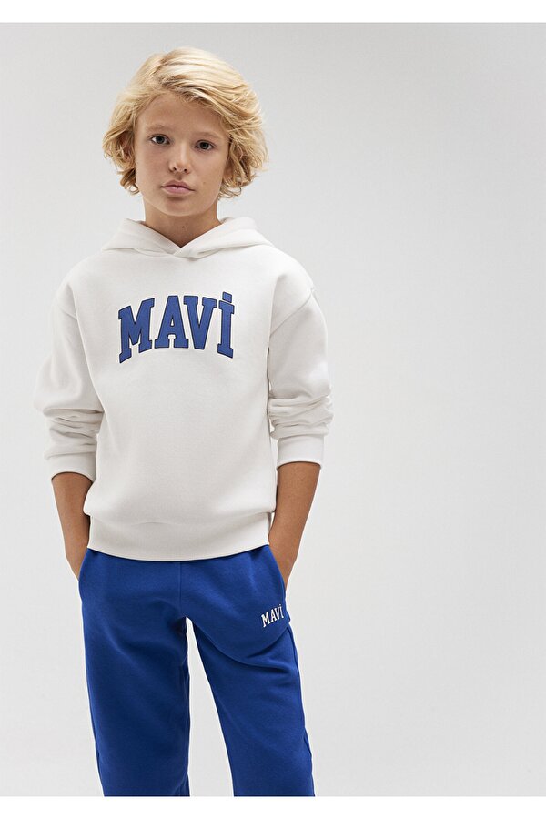 Logo Baskılı Beyaz Kapüşonlu Sweatshirt