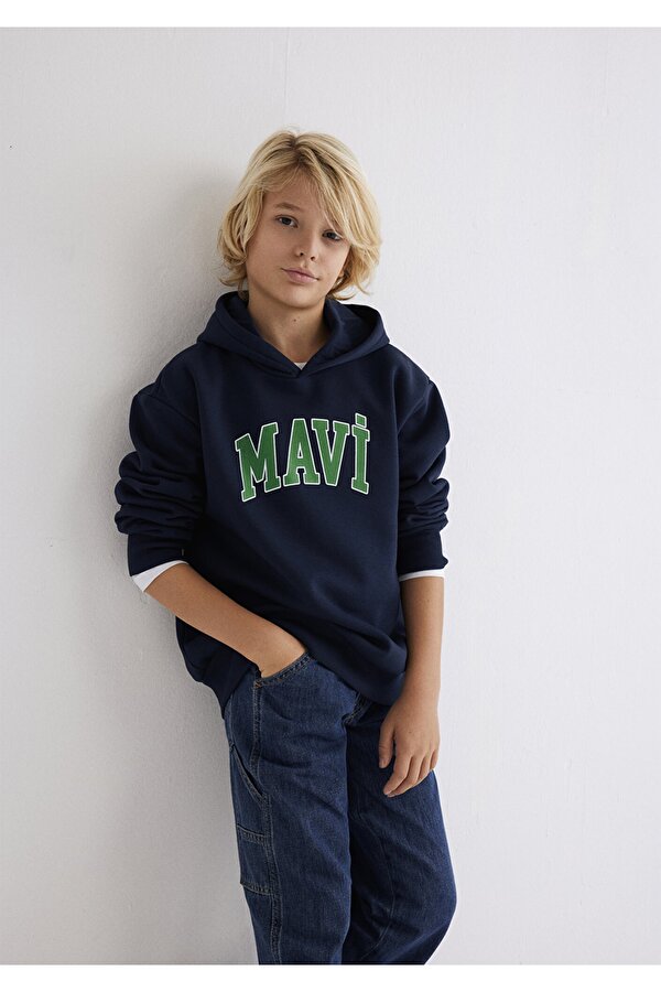 Logo Baskılı Lacivert Kapüşonlu Sweatshirt