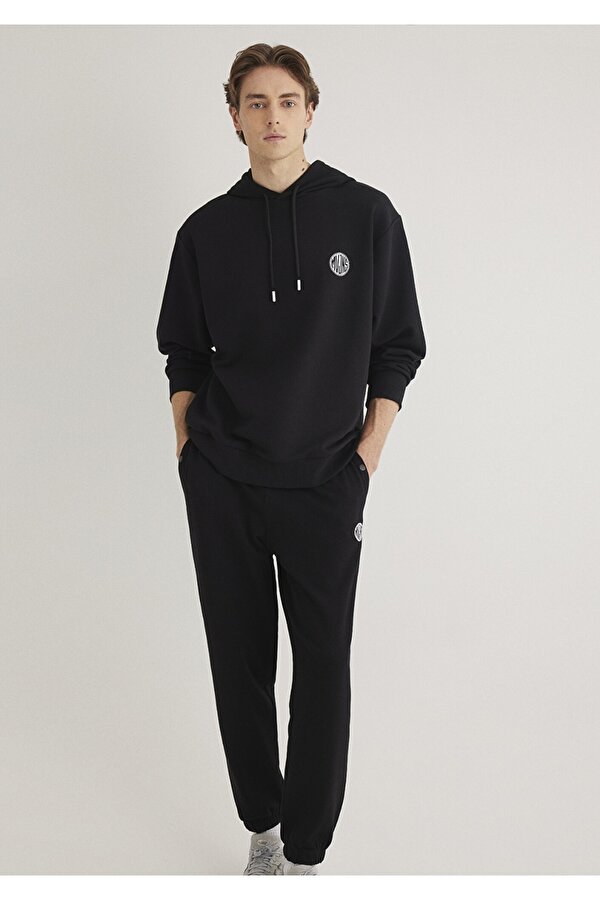 MVJNS Logo Baskılı Kapüşonlu Siyah Sweatshirt