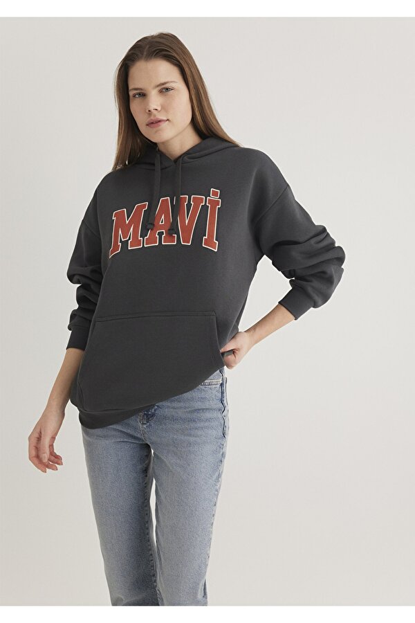 Logo Baskılı Kapüşonlu Antrasit Sweatshirt
