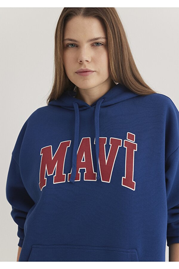 Logo Baskılı Kapüşonlu Lacivert Sweatshirt