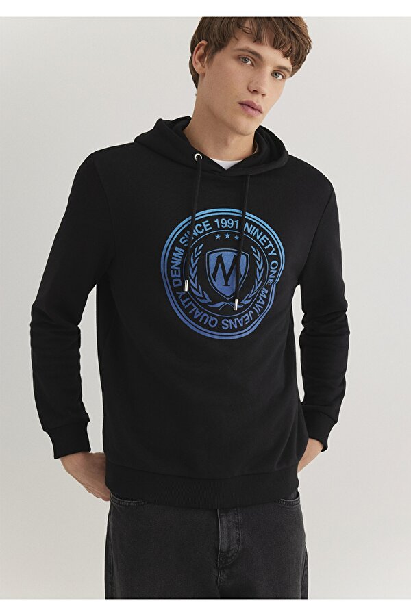 Mühür Logo Baskılı Kapüşonlu Siyah Sweatshirt