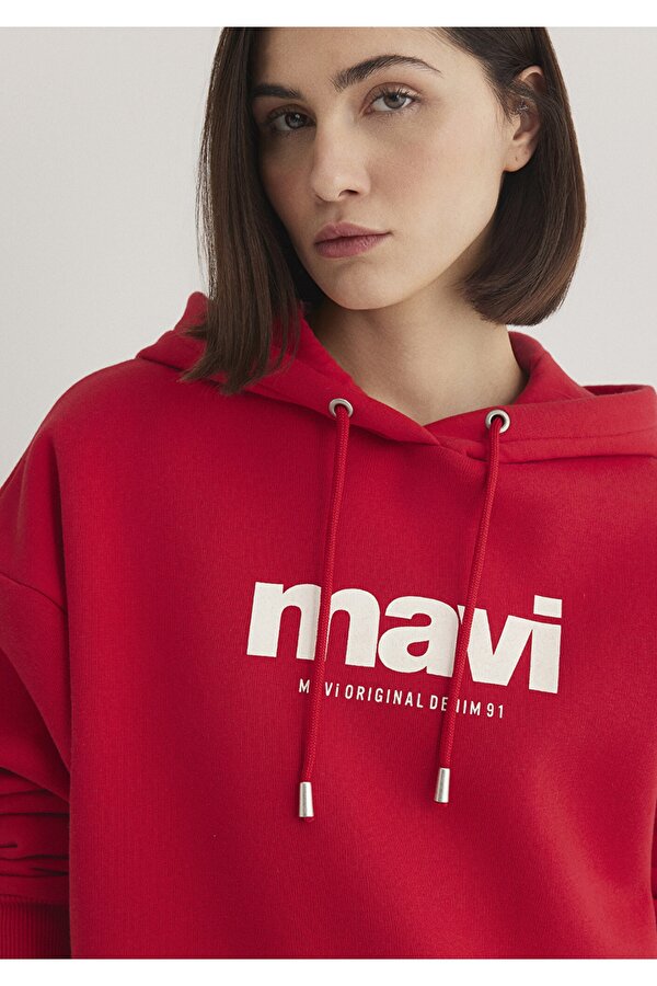 Logo Baskılı Kapüşonlu Kırmızı Sweatshirt