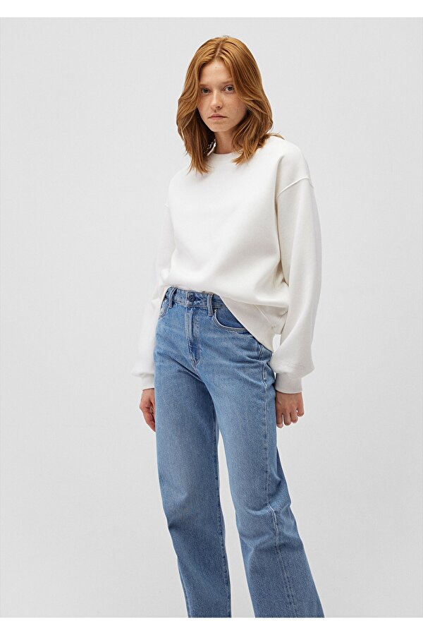 Bisiklet Yaka Beyaz Basic Sweatshirt
