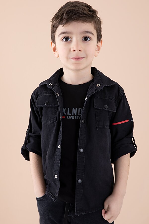 Siyah Sırtı Baskılı Jean Gömlekli Tişörtlü Erkek Çocuk 2li Takım 20270