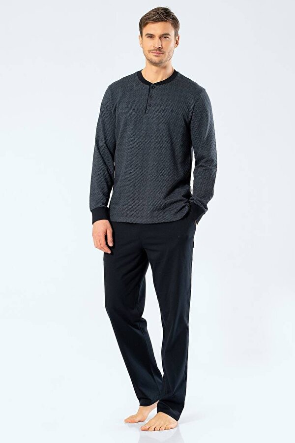 Erkek Jakarlı Noktalı Patlı Pijama Takım Gri