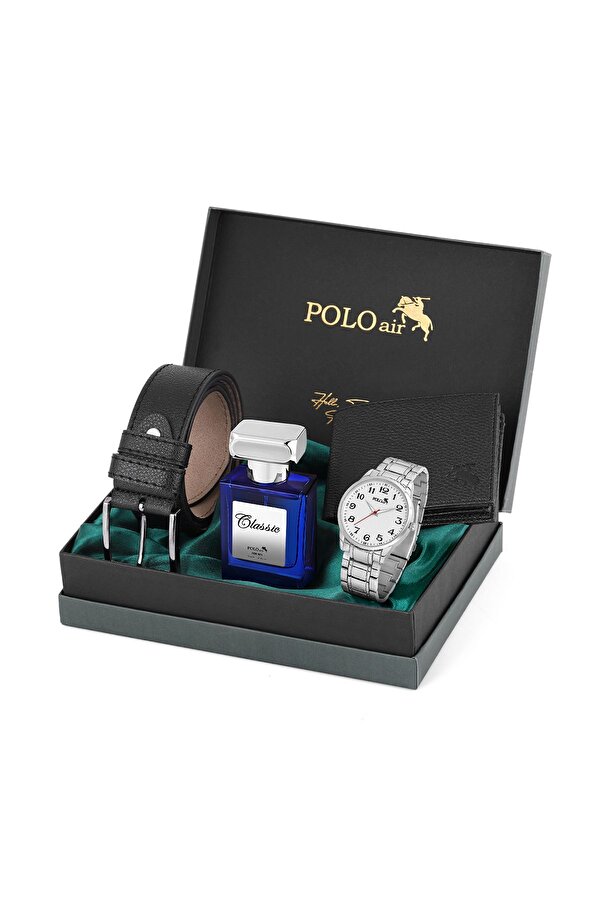 Klasik Metal Kordon Erkek Kol Saati Cüzdan Kemer Parfüm Kombin Gümüş Set PL-0939E5