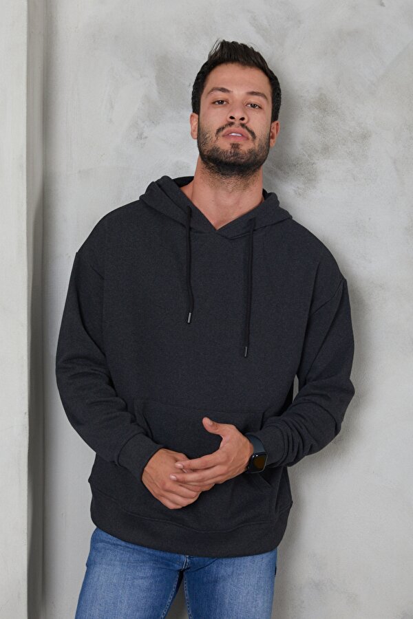 Erkek Oversize Kapüşonlu Kanguru Cepli Ribanalı Uzun Kollu Basic Sweatshirt