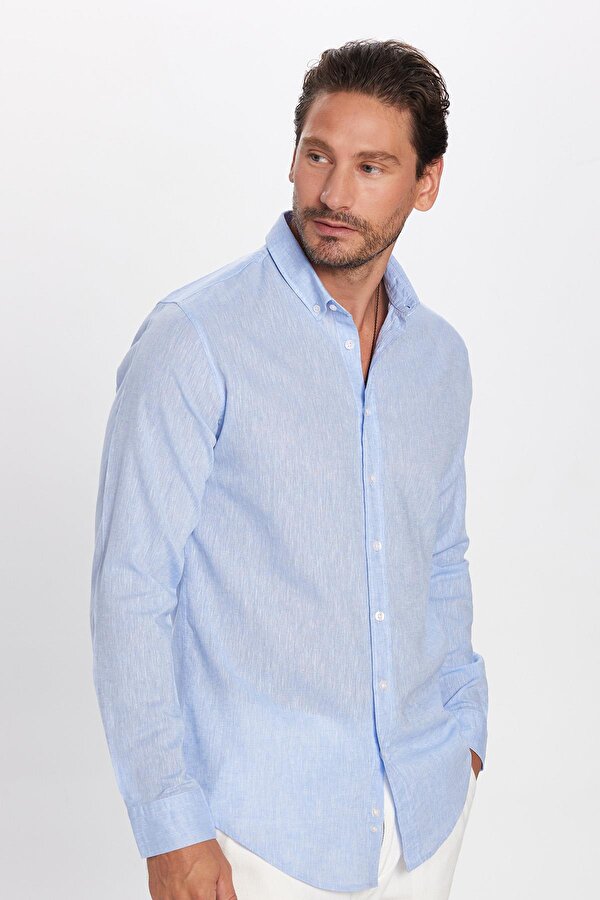 Erkek Slim Fit Dar Kesim Uzun Kollu Keten Premium Seri Düğmeli Yaka Spor Mavi Gömlek