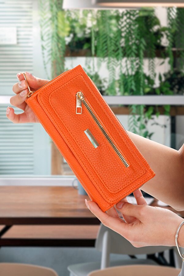 Kadın Turuncu Kağıt Para ve Kartlık Bölmeli Turuncu Cüzdan Fermuar Detaylı