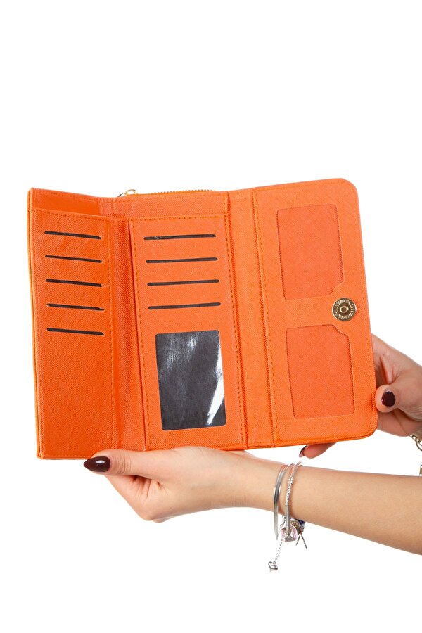 Kadın Turuncu Kağıt Para ve Kartlık Bölmeli Turuncu Cüzdan Fermuar Detaylı