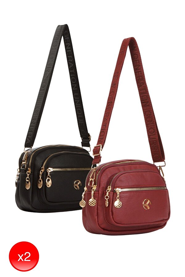 Kadın Çapraz Askılı Günlük Siyah Ve Bordo Omuz Çantası 2 Adet