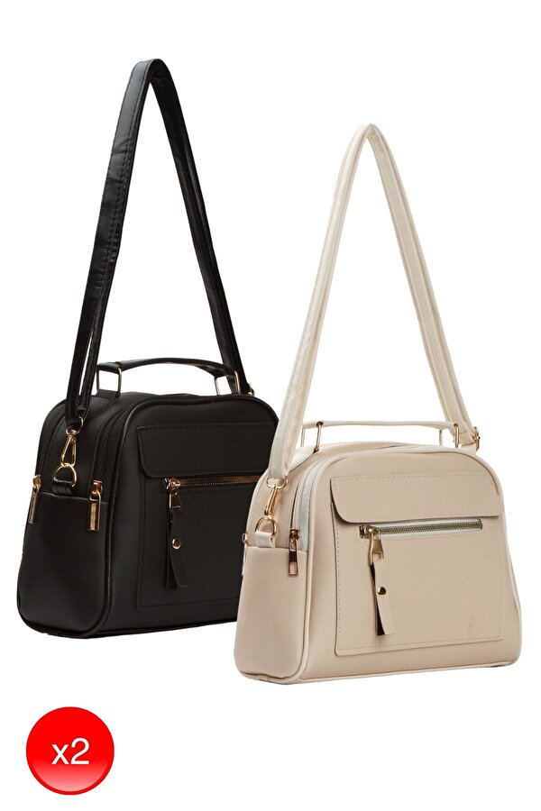 Kadın Günlük Siyah ve Krem Omuz Çantası 2 Adet