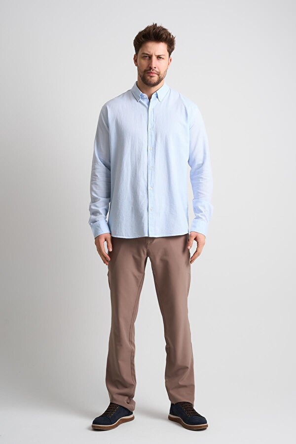 ALEXANDERGARDI Erkek Yakası Düğmeli Uzun Kollu Keten Gömlek (EG-1847-01)