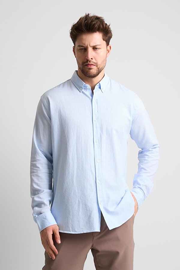 ALEXANDERGARDI Erkek Yakası Düğmeli Uzun Kollu Keten Gömlek (EG-1847-01)