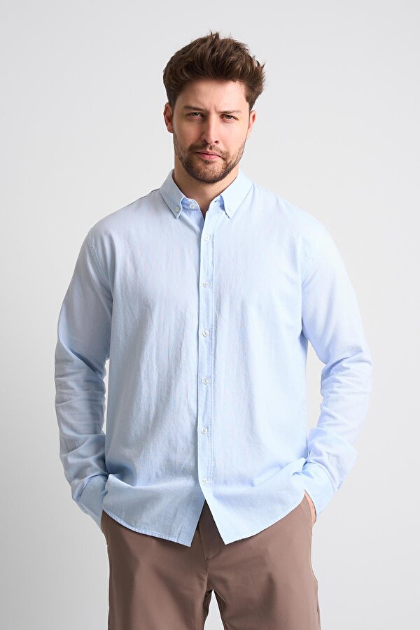 ALEXANDERGARDI Erkek Yakası Düğmeli Uzun Kollu Keten Gömlek (EG-1847-01)