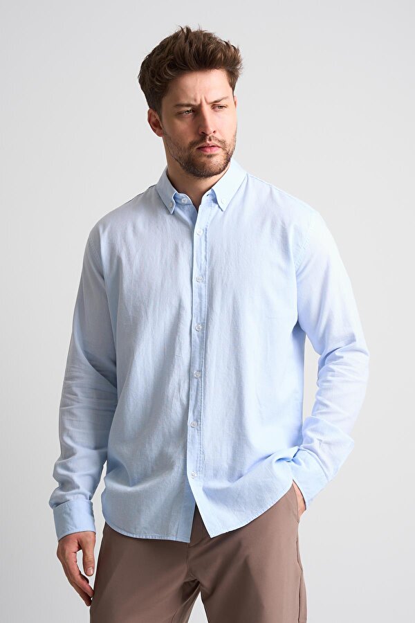 ALEXANDERGARDI Erkek Yakası Düğmeli Uzun Kollu Keten Gömlek (EG-1847-01)