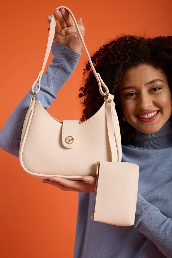 Larissa Mıknatıs Kapaklı Yavru Cüzdanlı Kadın Omuz ve Kol Çantası Bej