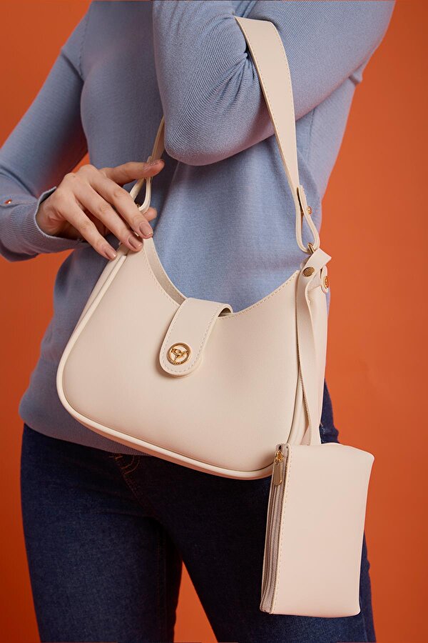 Larissa Mıknatıs Kapaklı Yavru Cüzdanlı Kadın Omuz ve Kol Çantası Bej