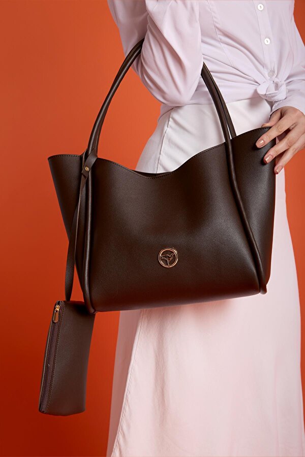 Athens Yavru Cüzdanlı Geniş Bölmeli Mıknatıs Kapamalı Kadın Omuz ve Kol Çantası Kahverengi