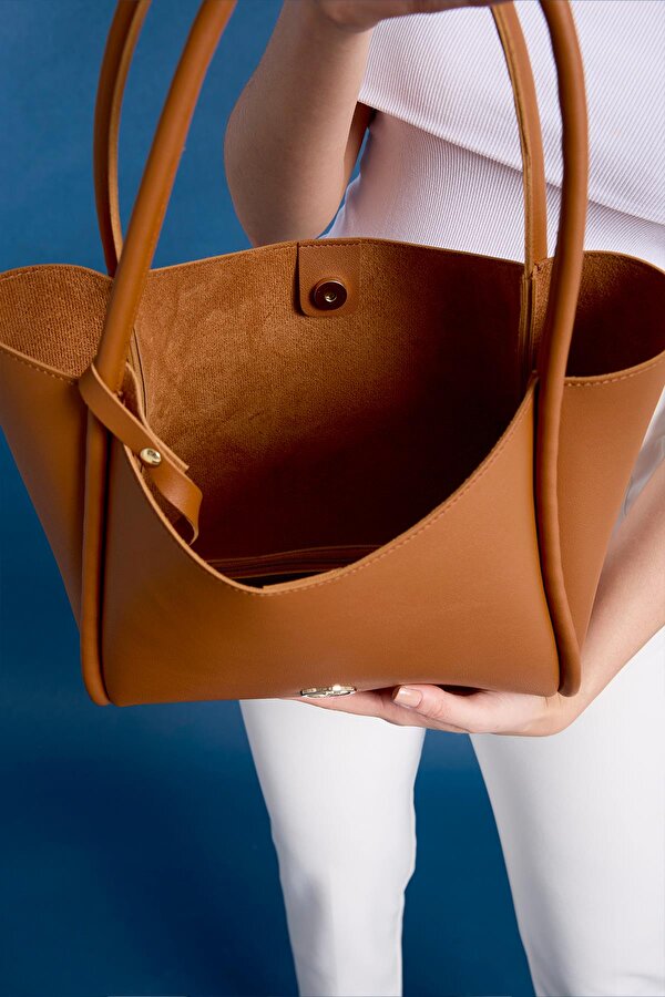 Athens Yavru Cüzdanlı Geniş Bölmeli Mıknatıs Kapamalı Kadın Omuz ve Kol Çantası Taba