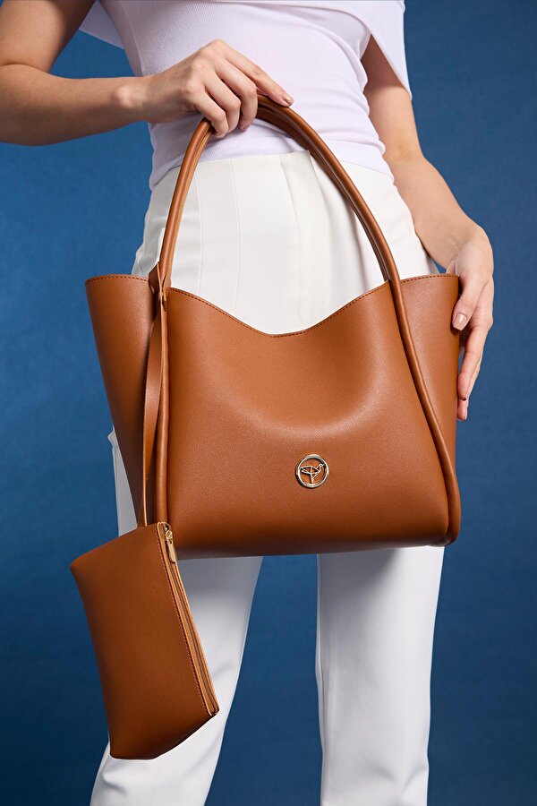 Athens Yavru Cüzdanlı Geniş Bölmeli Mıknatıs Kapamalı Kadın Omuz ve Kol Çantası Taba