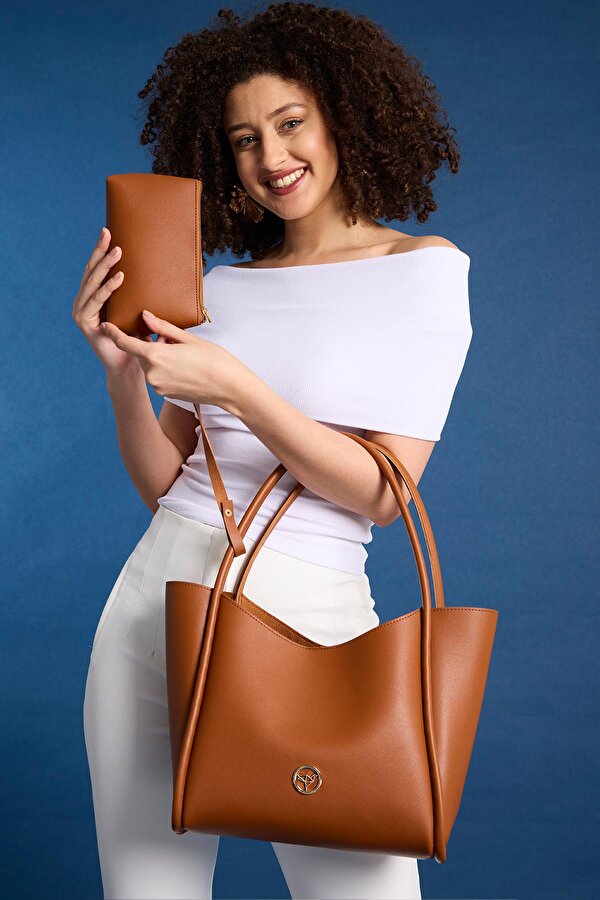 Athens Yavru Cüzdanlı Geniş Bölmeli Mıknatıs Kapamalı Kadın Omuz ve Kol Çantası Taba