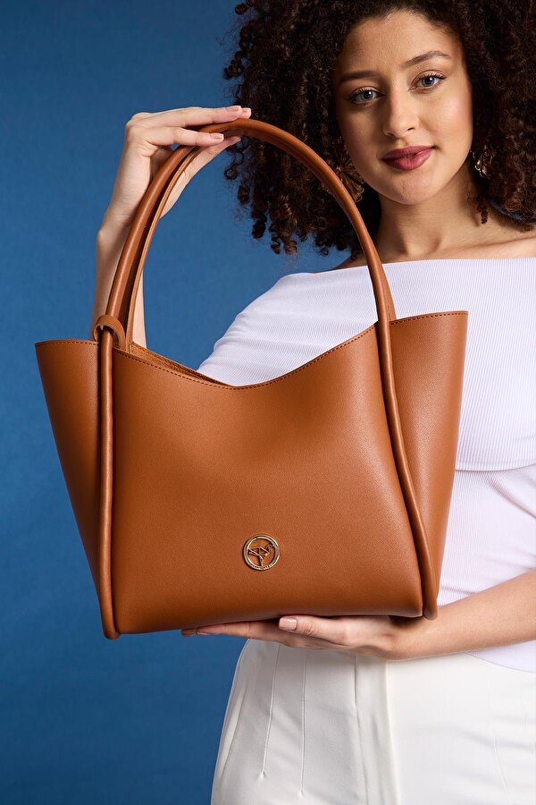 Athens Yavru Cüzdanlı Geniş Bölmeli Mıknatıs Kapamalı Kadın Omuz ve Kol Çantası Taba