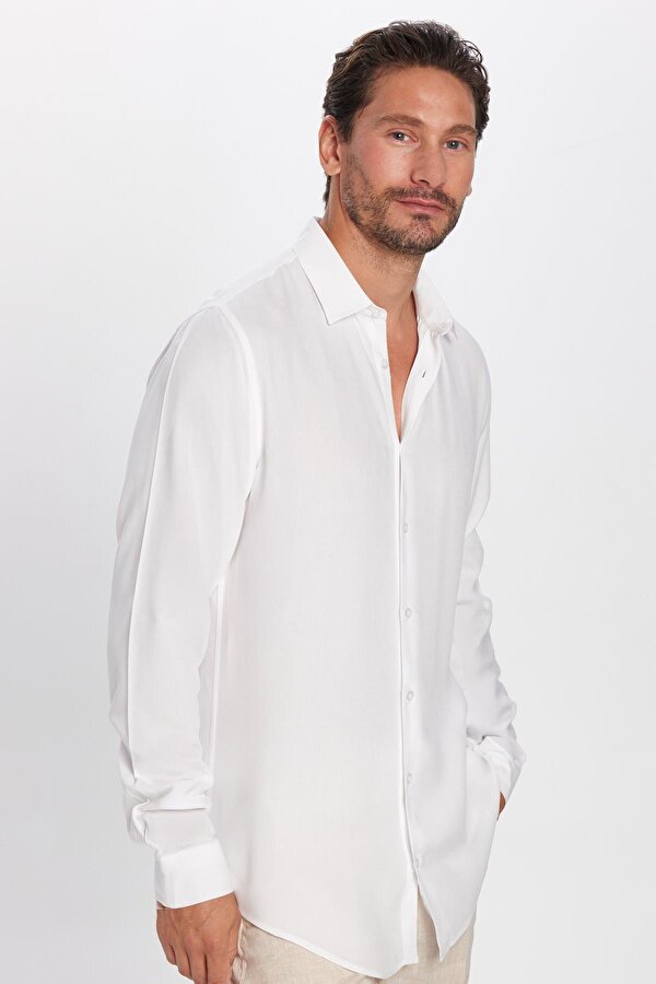 Slim Fit Uzun Kollu Dar Kesim Dökümlü Viskon Şık Erkek Beyaz Gömlek