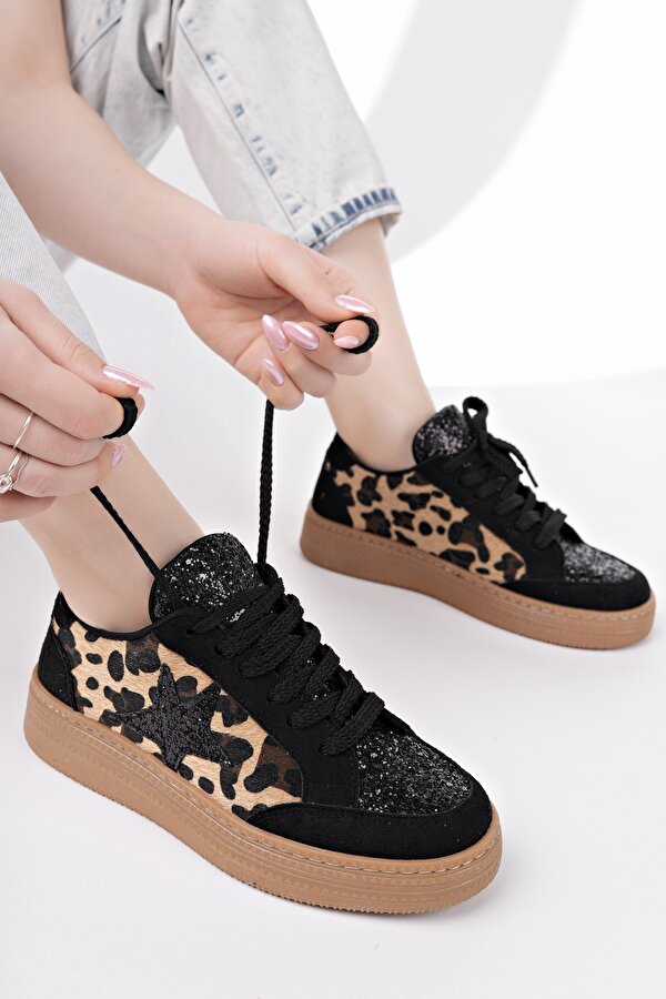 BONNİE Kadın Kalın Taban Taşlı Leopar Desenli Bağcıklı Günlük Sneaker Spor Ayakkabı