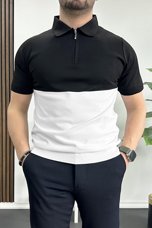 Erkek Renk Bloklu Polo Yaka Yarım Fermuarlı Tişört Beyaz Edw234