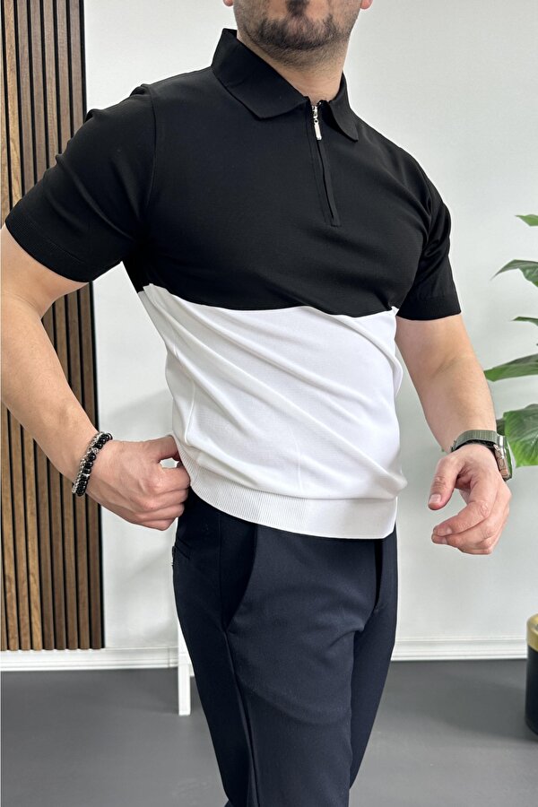 Erkek Renk Bloklu Polo Yaka Yarım Fermuarlı Tişört Beyaz Edw234