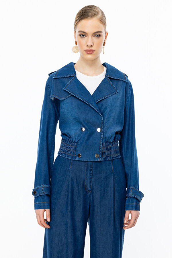 Kadın Beli Lastikli Crop Mont 6008 Indigo