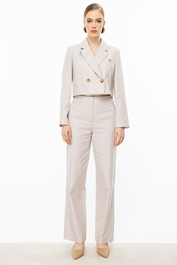 Kadın Düğmeli Crop Ceket 4076 Bej
