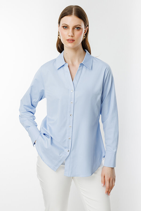 Kadın Büyük Beden Polo Yaka Gömlek 3506 Blue