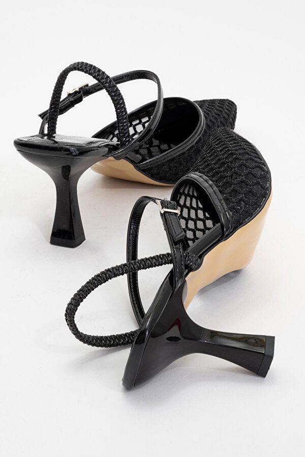 Kadın Arkası Lastikli Fileli Topuklu Ayakkabı SİYAH RUGAN