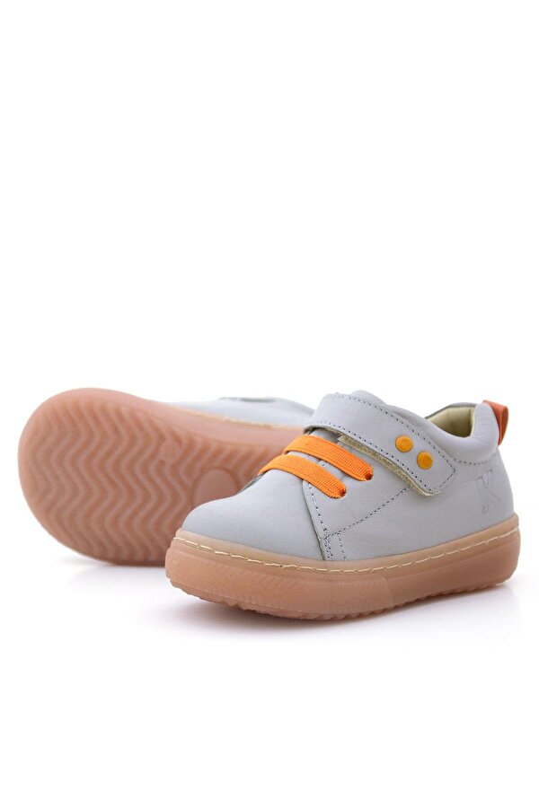 Anatomik Hakiki Deri Gri Metal Detaylı Lastikli Cırtlı Bebek Ayakkabı