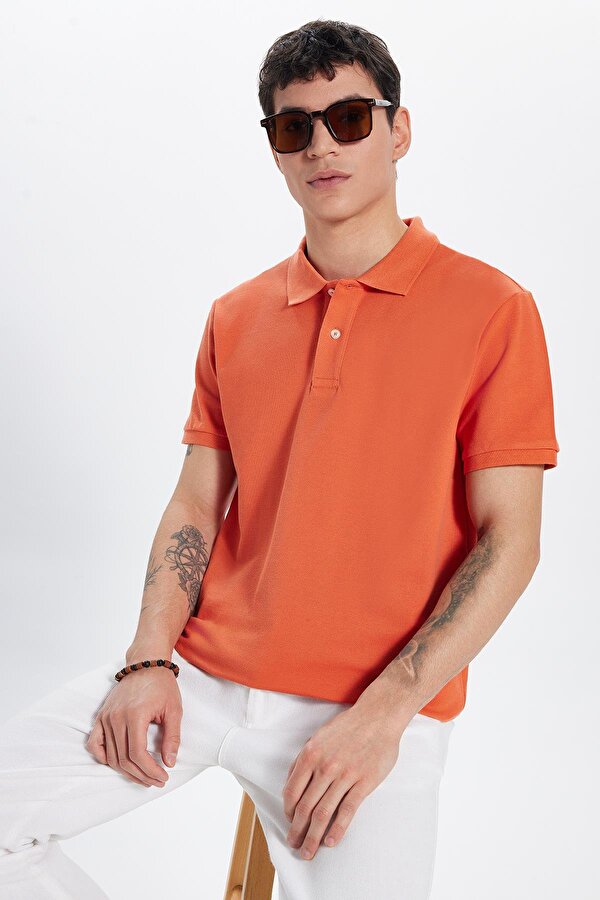 Erkek Slim Fit Dar Kesim %100 Pamuk Turuncu Polo Yaka Tişört