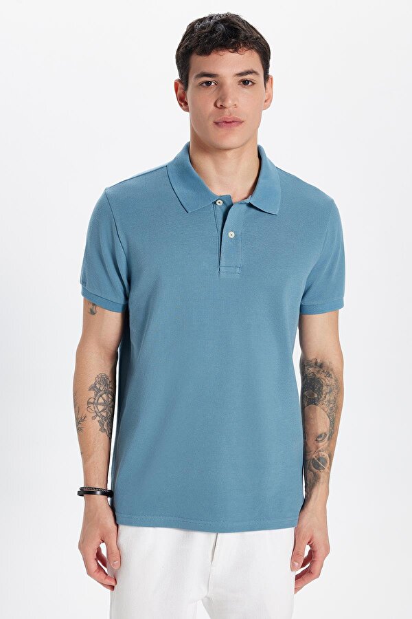 Erkek Slim Fit Dar Kesim %100 Pamuk İndigo Polo Yaka Tişört