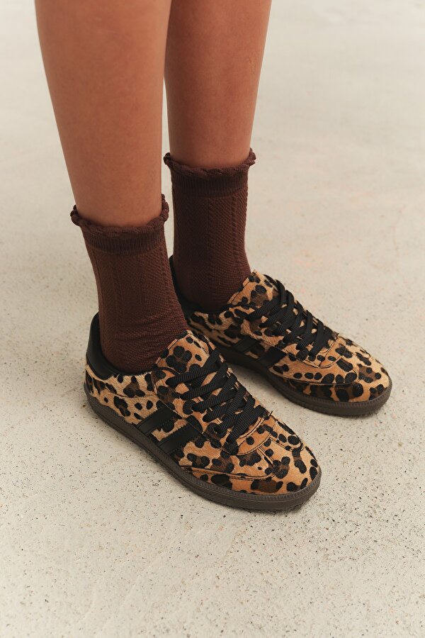 LEOPARD Garantili Kadın Ortopedik Günlük Bağcıklı Yürüyüş Leopar Desenli Sneaker Spor Ayakkabı