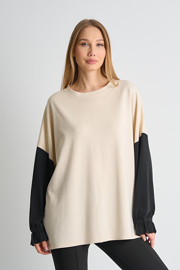 ALEXANDERGARDI Fırfırlı Kol Detaylı Garnili Renk Bloklu Kadın Sweatshirt