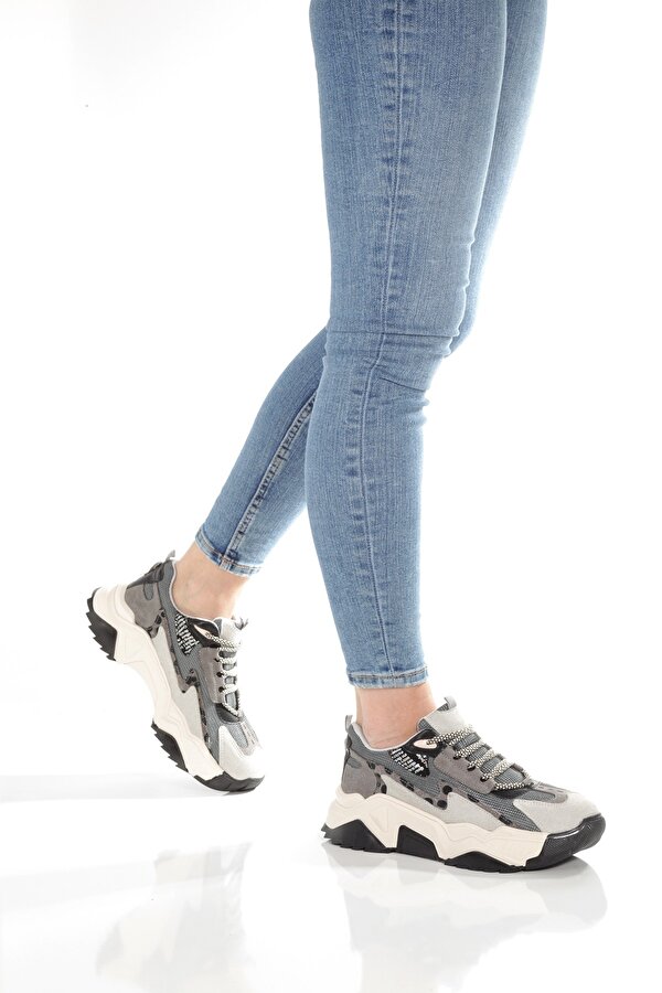 Leo Gri Leopar Sneaker Günlük Kadın Spor Ayakkabı