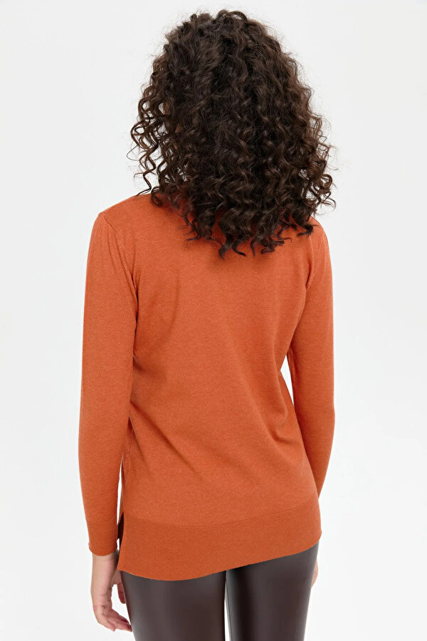 Kadın Sıfır Yaka Yanı Yırtmaçlı Kazak 24358 Portakal