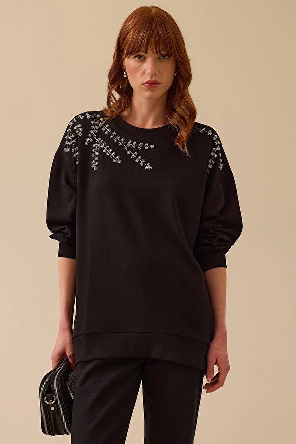 Kadın Yuvarlak Yaka Taş İşlemeli Sweatshirt 0002 Siyah